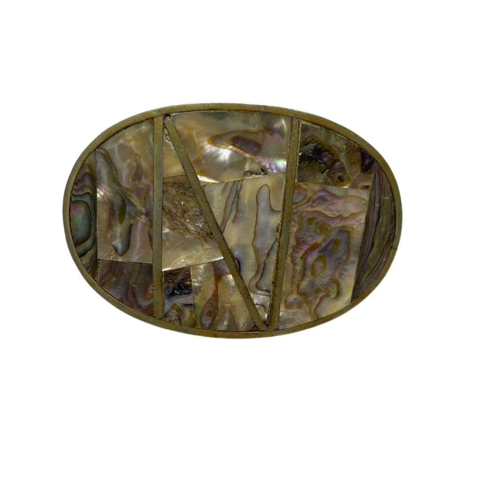 Hecho Mexico Mother of Pearl Abalone Brass Belt Buckle 3.5 x 2.5